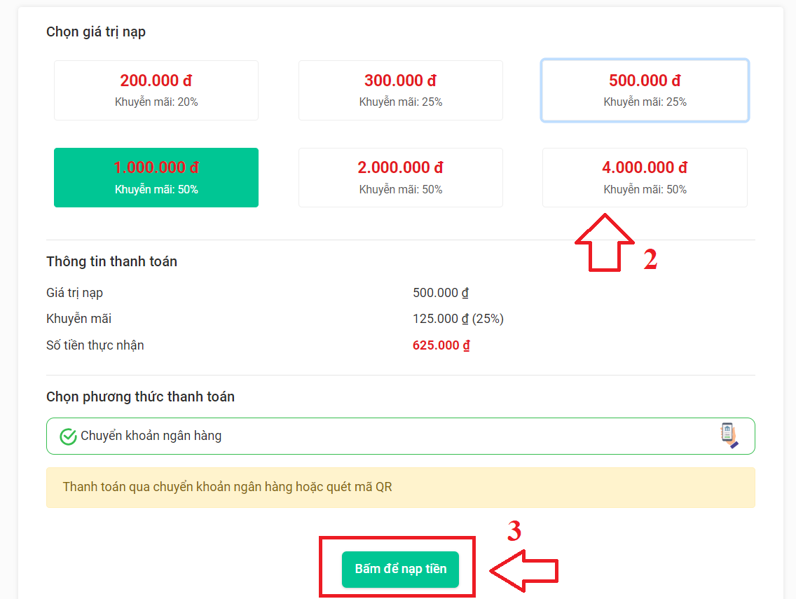 chọn gói nap tiền