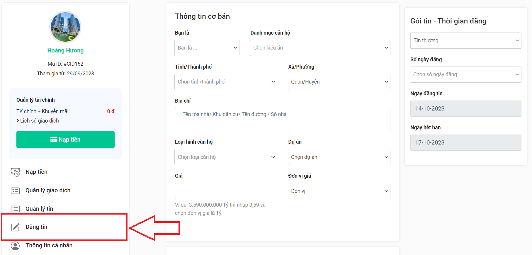 hướng dẫn đăng tin trên website chungcu.net